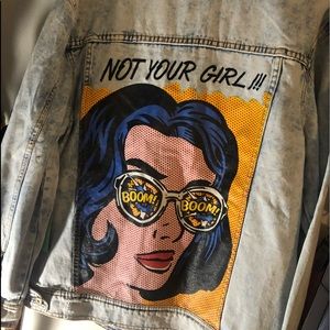 White washed denim jean jacket, pic & word on back